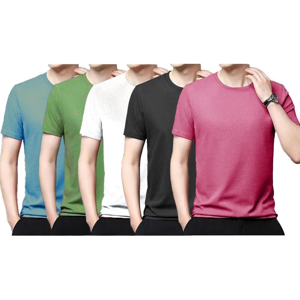 Polyester Stretchable Solid Half Sleeves Men's Round Neck T-Shirt (Pack Of 5)